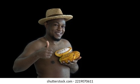 Happy African Farmer Giving Thumb Ups For Fresh Cacao Pods Or Cocoa Fruits On Black Background With Copy Space.