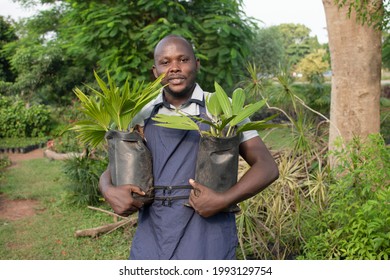 Happy African Farmer Holding Two Potted Plants