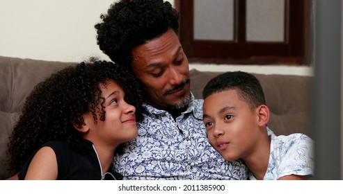 Happy African Father And Children Relationship. Dad Talking To Daughter And Son