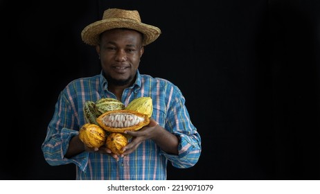 Happy African Man Or Farmer Holding Cacao Or Cocoa Fruits In Arms, Looking At Camera On Black Background With Copy Space.