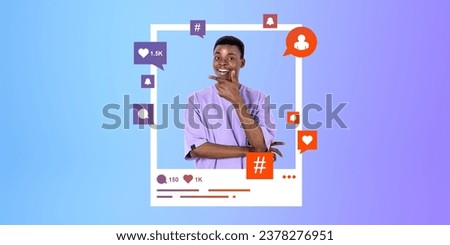 Happy african man photo posted on social media feed, comments and likes notification and pop-up, hashtag and hearts. Concept of internet, online communication and feedback