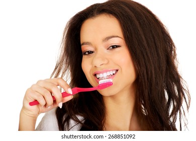 Happy African Teen Woman Brushing Teeth Stock Photo 345043379 ...