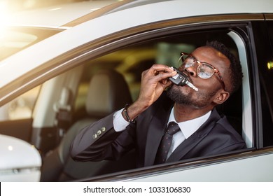 Happy African Vehicle Buyer Inside His New Car Kiss Him Car Key