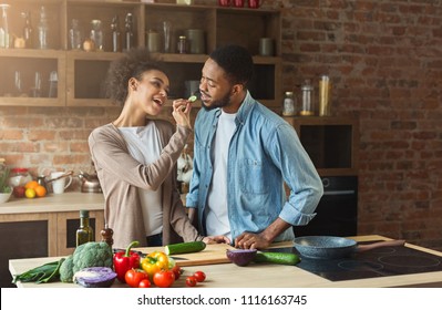 Happy african-american couple preparing dinner in loft kitchen at home. Family cooking healthy food