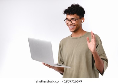 Happy Afro Male Student Having Video Call On Laptop Isolated Over White Background