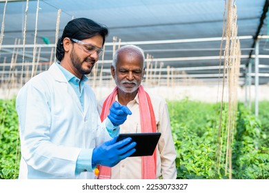 happy Agro scientist explaining crop growth from digital tablet to farmers while sitting at greenhouse - concept of modern farming, technology support and cooperation. - Powered by Shutterstock