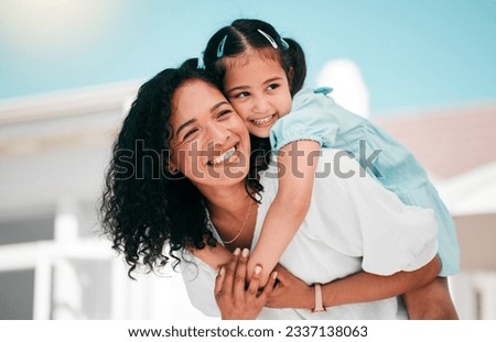 Happy, airplane and mom with her kid in the garden outdoor their family home for adventure. Playful, smile and young mother carrying her girl child on his back while bonding and playing together.