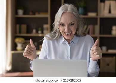 Happy amazed senior laptop user woman getting exciting good news from online chat, email letter, notice, video call, looking at screen, staring at monitor, laughing, smiling, making winner hands - Shutterstock ID 2187282305