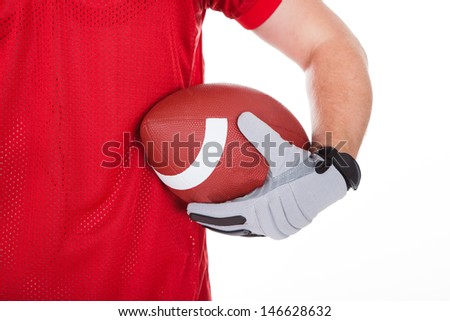 Happy American Football Player Holding Rugby Over White Background