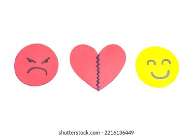 Happy And Angry Paper Faces On White Background For Copy Space With Concept Of Jealousy, Heartbreak, Infidelity, Abuse,