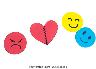 Happy And Angry Paper Faces On White Background For Copy Space With Concept Of Jealousy, Heartbreak, Infidelity, Abuse,