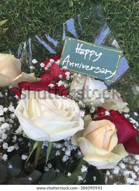 Happy Anniversary Red White Rose Bouquet Stock Photo Edit Now