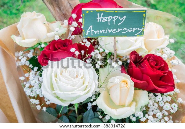 Happy Anniversary Red White Rose Bouquet Stock Photo Edit Now