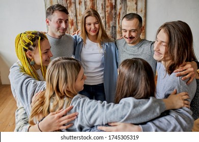 Happy Anonymous Alcoholics Team Celebrate Their Recovery, Fight With Common Problem, Alcoholics Addicts Hug Each Other Isolated