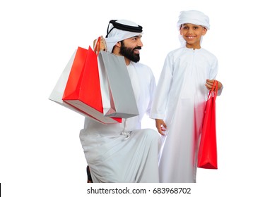 Happy Arab Father And Son ( Shopping Discount Offer )