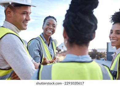 Happy architect, team and meeting in construction collaboration for planning or brainstorming together on site. Group of contractor people in discussion, development or speaking for architecture plan - Powered by Shutterstock