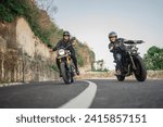 happy asian bikers riding motorcycle together, leisure activity concept
