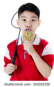 Happy Asian boy in badminton action isolate on white background