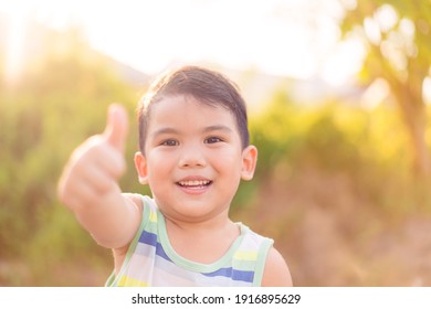 Happy Asian Boy Child Showing Front Teeth With Smile And Laughing : Healthy Happy Funny Smile Face Kid.Adorable Toddler Mixed Race Kid.portrait Asian Boy At The Park.Summer.pediatric Kid Clinic.