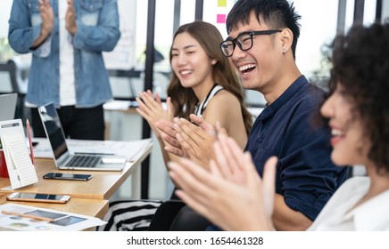 Happy Asian Business Clapping Hands After Business Meeting Successful In Modern Office