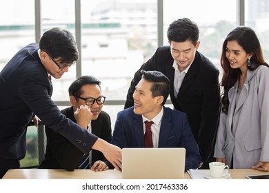 Happy Asian Business People Cheering Together, Celebrate Project Success Coworkers Teamwork, Career Job Achievement