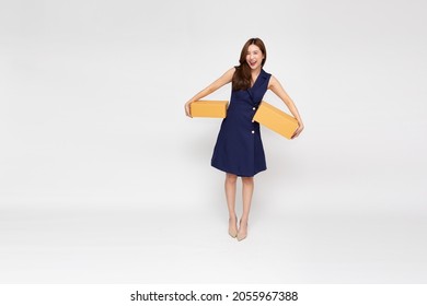 Happy Asian Business Woman Holding Package Parcel Box Isolated On White Background, Delivery Courier And Shipping Service Concept, Full Body Composition