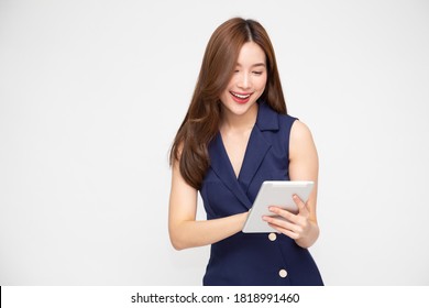 Happy Asian Business Woman Using Tablet Isolated On White Background