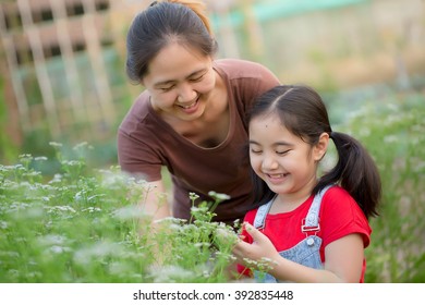 Happy Asian Daughter Gardening With Her Mother