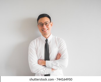 Happy Asian Employee Businessman In Office Uniform.