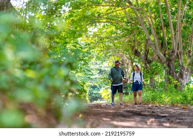 Happy Asian Family Couple On Summer Holiday Vacation. Mature Adult Couple Hiking Together In Forest. Man And Woman Enjoy Outdoor Lifestyle Trekking And Looking To Green Wood On Summer Travel Vacation.