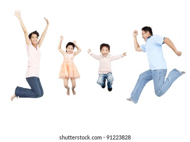 Happy Asian Family Jumping Together