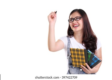 Happy Asian Female Student Laughing While Writing On The Screen, Isolated On White Background