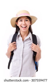 happy asian female traveller isolated