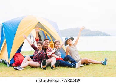 Happy Asian Friends Having A Good Time Together While Travel Camping Vacation Trip By The Lake