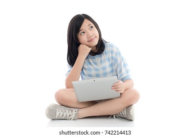 Happy Asian Girl With Laptop Thinking, Isolated On White Background