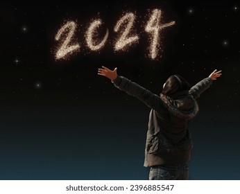happy Asian girl open arm with joyful on countdown night with firework light for 2024 year. image of happy new year celebration party for seasonal and holiday background wallpaper