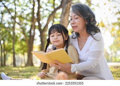 Happy Asian grandmother telling story, reading fairly tales to her adorable granddaughter while picnicking in the beautiful park on the weekend together. - Powered by Shutterstock