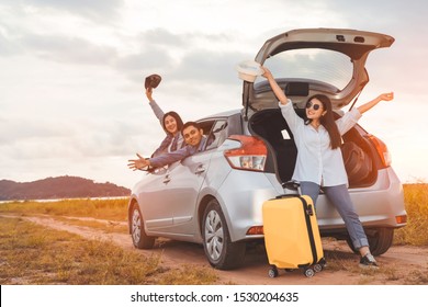 Happy Asian Group Of Friends Car Travel Driving And Suitcase At Mountain Lake River In Vacation Summer Road Trip On Holidays To Destination, Traveler Transportation Vehicle People Lifestyle 