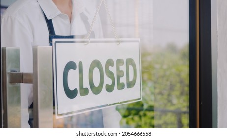 Happy Asian Handsome Young Man Staff Turning Round Sign To Close On Door, Male Owner Of Coffee Shop Closed The Service On Window, Small Business