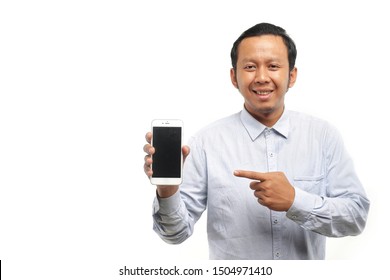 Happy Asian Indonesia Man Showing Cell Phone Isolated