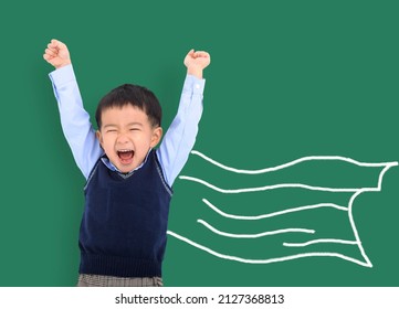  Happy Asian Kid Against Green Blackboard With Hero And Knowledge Is Power Concept