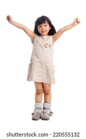 Happy Asian Kid With Hands Up On White Background