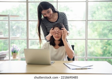 Happy Asian Lesbian Couple Working Together In Office. LGBT Community, Lesbian, Homosexual, Business Concept