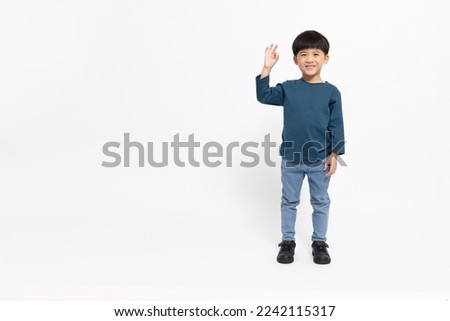 Happy Asian little boy showing ok sign isolated on white background, Agree concept, Looking at camera and full body composition