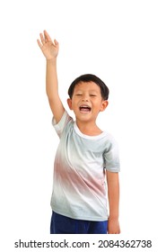 Happy Of Asian Little Boy Waving Hand On White Background.