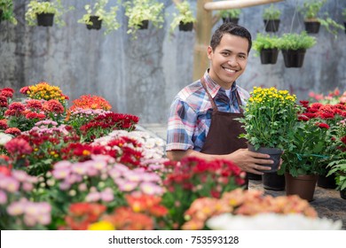 Happy Asian Male Florist Working Flower Gardening Shop