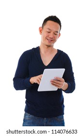 Happy Asian Male On A Generic Tablet