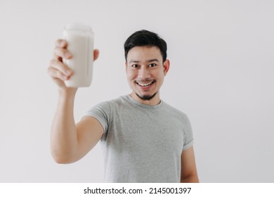 Happy Asian Man Drink Good Taste Healthy Chicken Protein Shake Recipe.