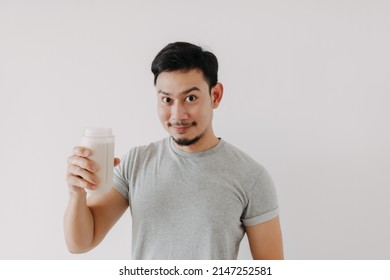 Happy Asian Man Drink Good Taste Healthy Chicken Protein Shake Recipe.