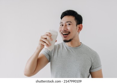 Happy Asian Man Drink Good Taste Healthy Chicken Protein Shake Recipe.